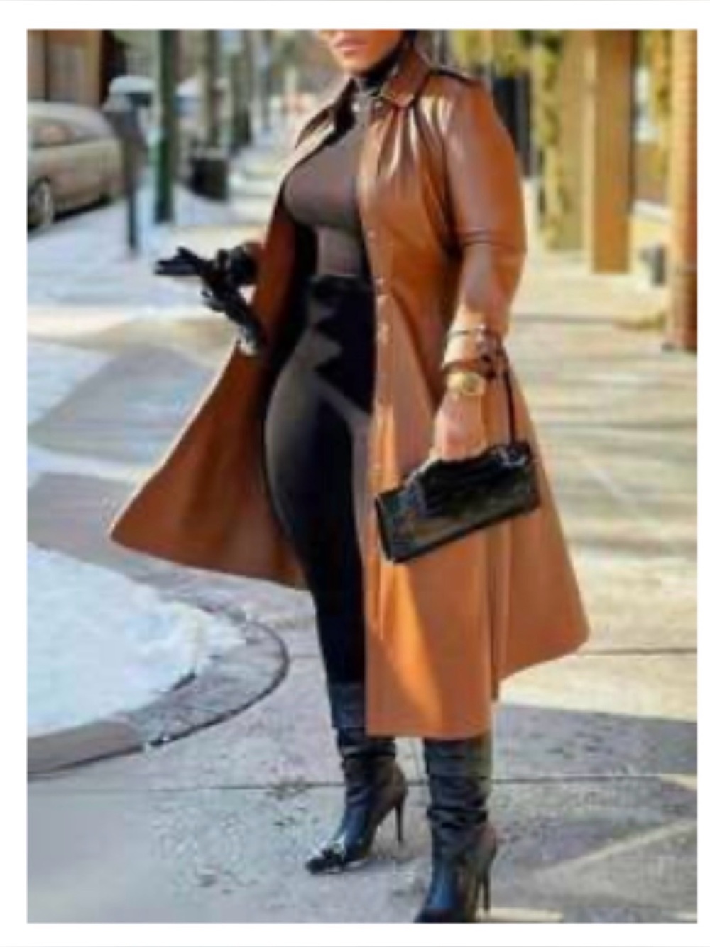 New Arrivals! Women's Brown Long Faux Leather Trench Coat..